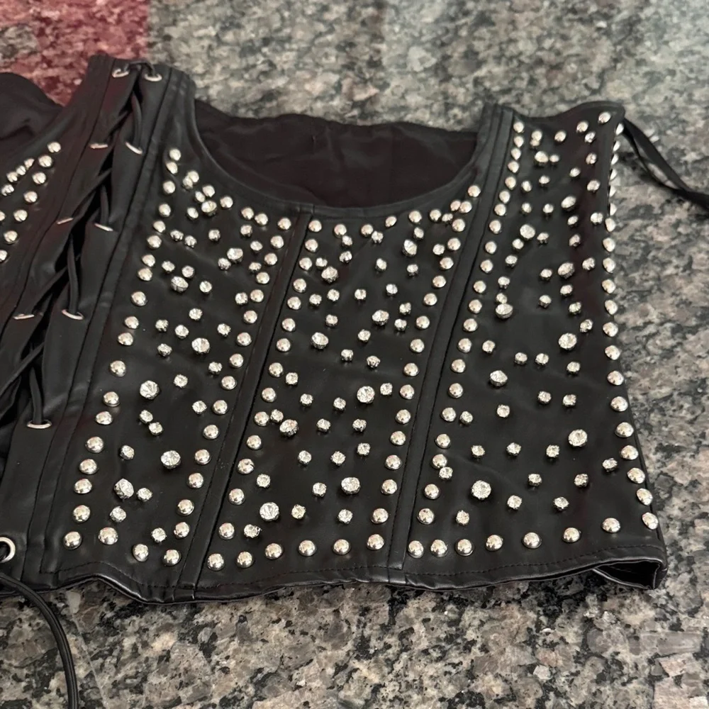 Black faux leather silver Studded Corset Top